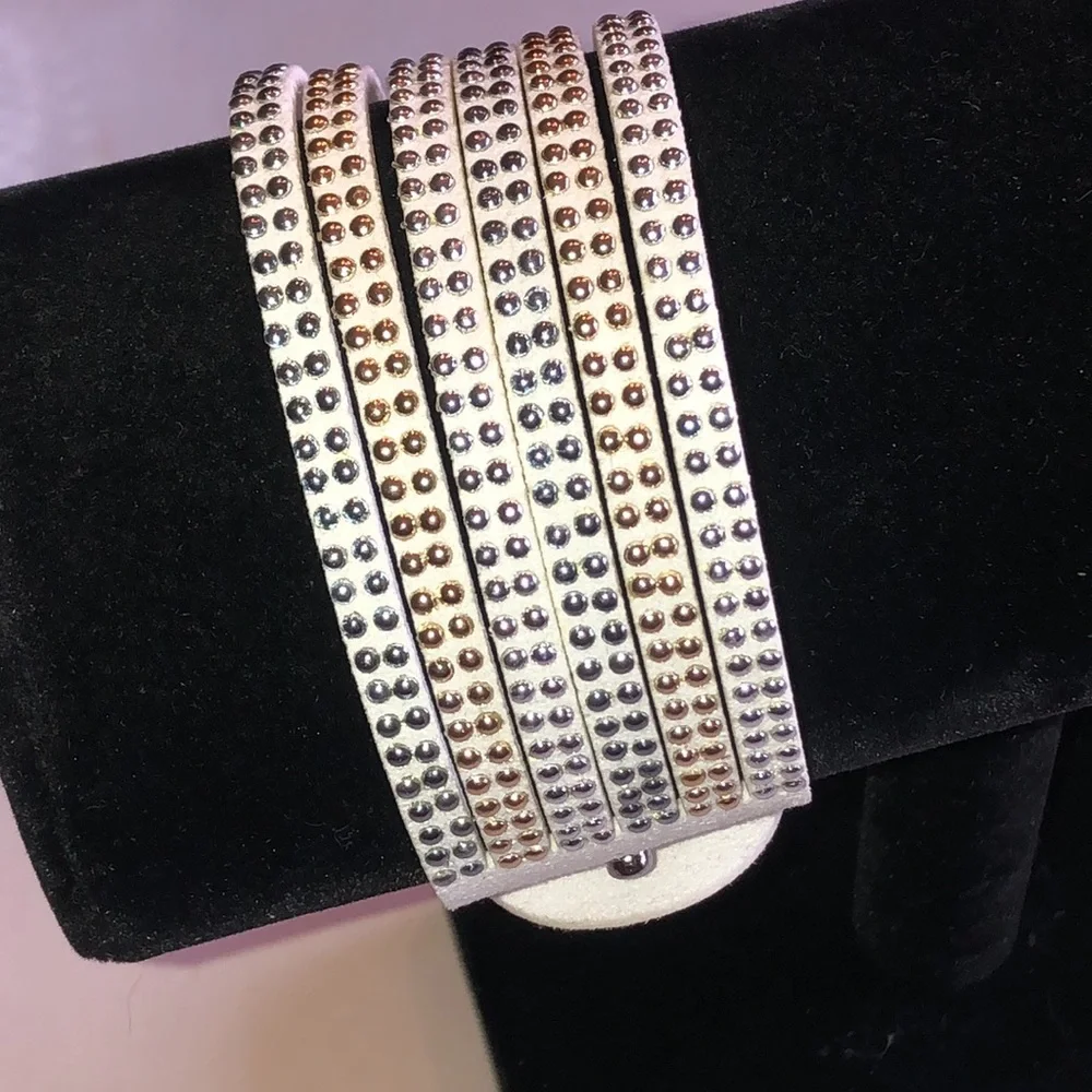 White Faux Leather Bracelet with Gold Tone & Silver Tone Studs